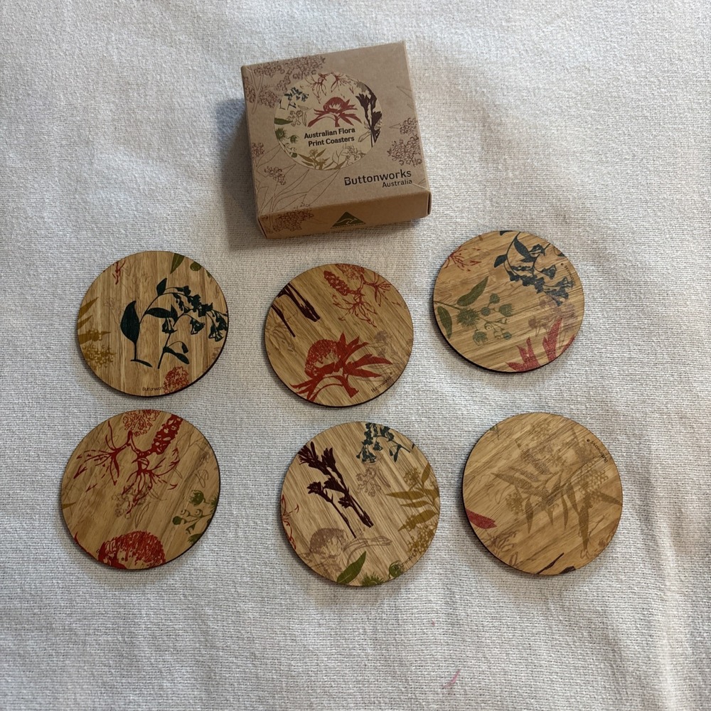 Buttonworks Australia Australian Flora Print Timber Handmade 6 Piece‎ Coasters